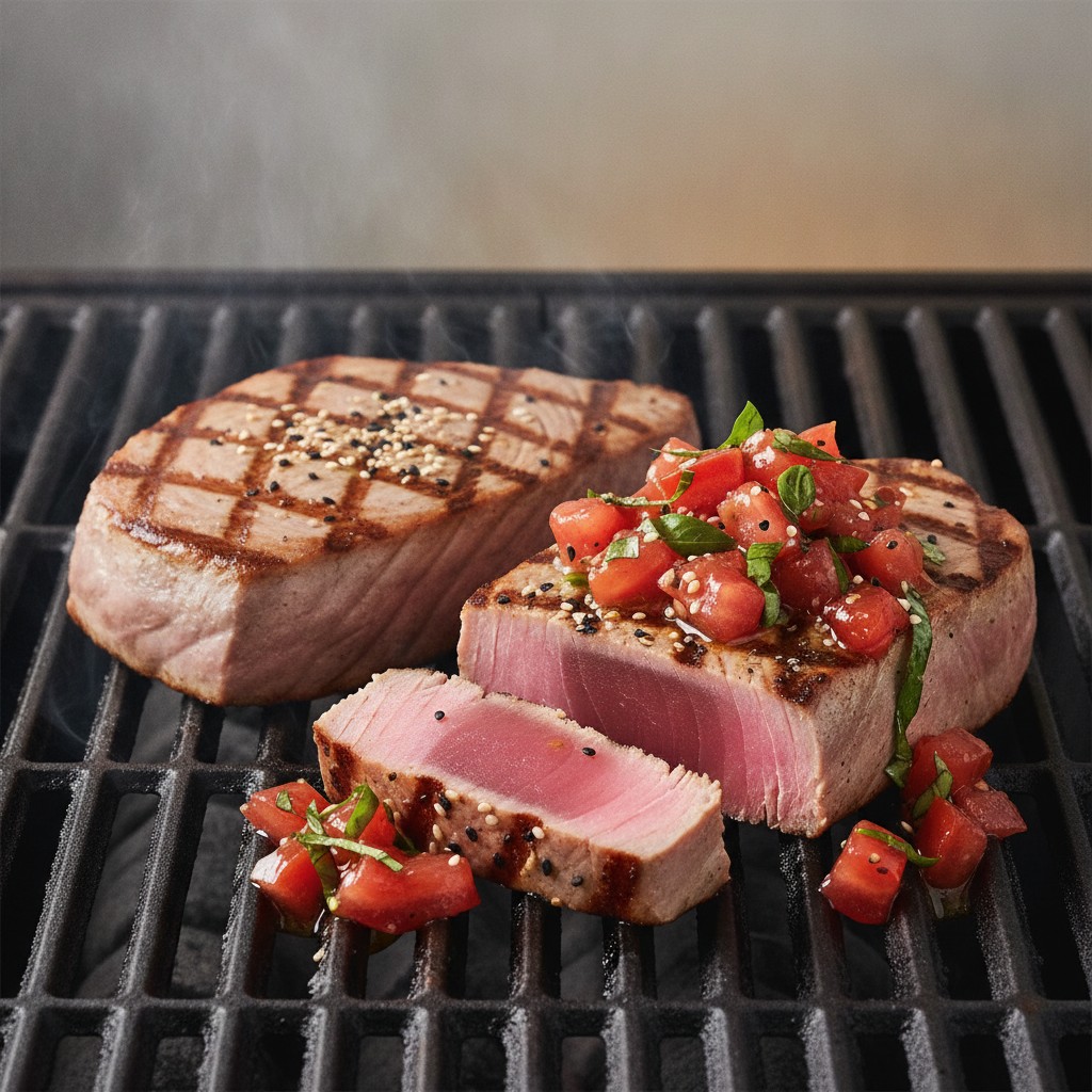 Steaks de Thon Rouge Grillés au Barbecue : Marinade Soja-Sésame et Sauce Vierge